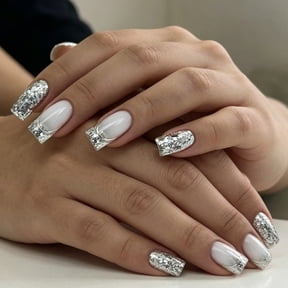 ONLYEOR Glitter French Tip Press On Nails, Sparkling Silver Design, Medium Square Fake Nails for Party & Daily Wear