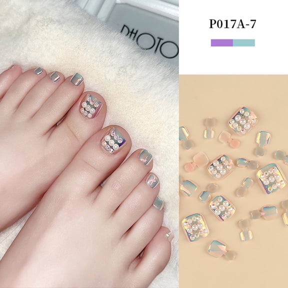ONLYEOR Glittering Toe Wearable Nails, Sequins & Rhinestone Fake Toenail Patches, 2ml Glue Set for Vacation, Wedding & Summer Beach Manicure Looks (G)