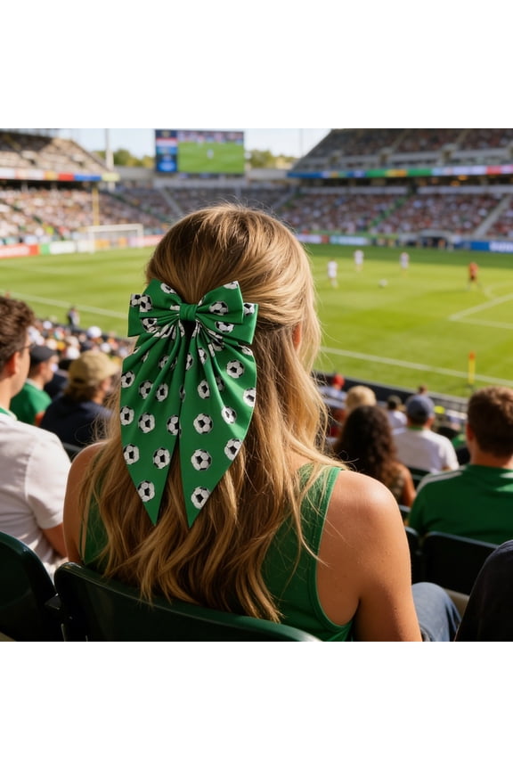 Green Long Ribbon Football Print Bow Hairpin, Soccer Pattern Bow Hair Clip, Cute & Trendy Hair Accessory, For Game Day & Party