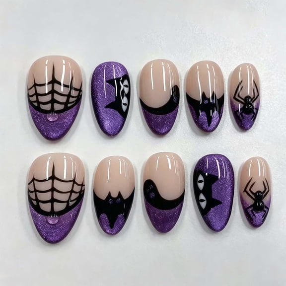 ONLYEOR Halloween Evil Eye Press On Nails, Spider Web False Nail Tips Kit, Glossy Medium Length Wearable Nails for Party