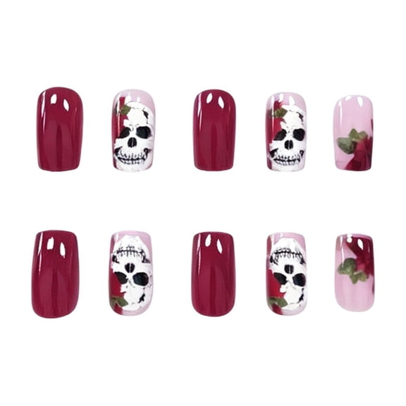 ONLYEOR Halloween Medium Long Press On Nails, Skull Rose & Leaf Gothic Design, Reusable Fake Nails for Dark Romantic Style