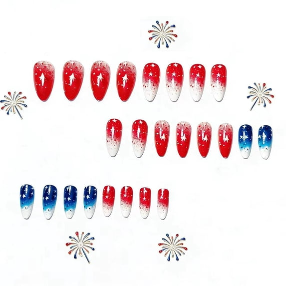 ONLYEOR Independence Day Red Blue Pentagram Fake Nails 24pcs, Finished Press-On Armor Nail Patches, Patriotic Holiday Manicure Gift