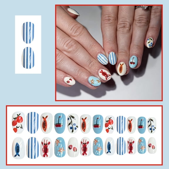 ONLYEOR Medium Long Press On Nails, Ocean Style Colorful Design, Reusable Fake Nails for Summer & Vacation Look