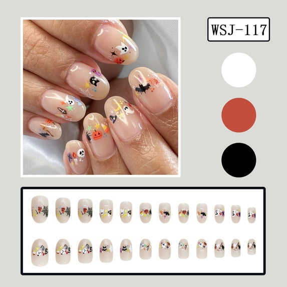 ONLYEOR Medium Press On Nails Set, 5 Spooky Designs with Pumpkin Ghost & Spider Web, Reusable Fake Nails Kit for Party
