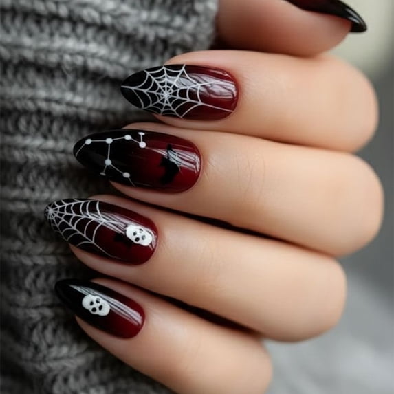 ONLYEOR Medium Square Black Red Gradient Press On Nails, Spider Web & Bat & Skull Print, Gothic Style Fake Nails for Party