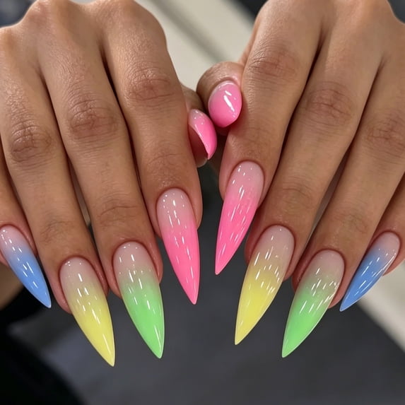 ONLYEOR Spring Macaron Press On Nails, Cute Sweet Colorful Design, Long Pointed Fake Nails for Daily & Date Look