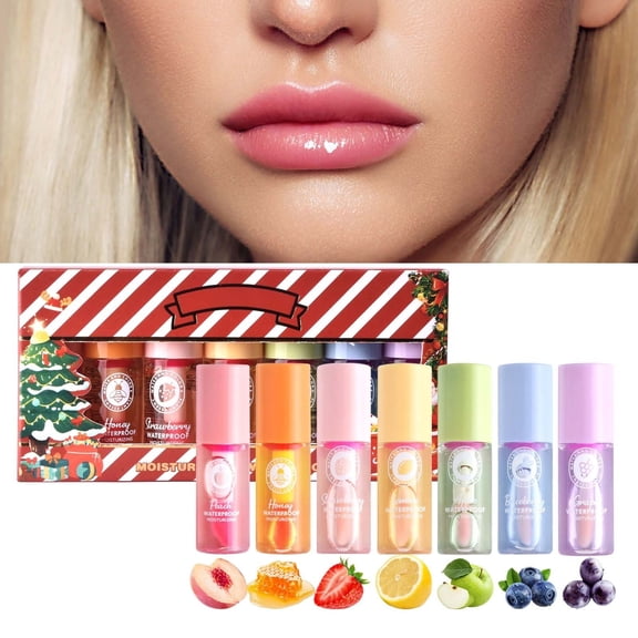 ONLYEOR Temperature Color Changing Lip Oil Set, 7Pcs Moisturizing Tinted Lip Balm, PH Reactive Lip Gloss for Personalized Shade, Christmas Gift Box, 24.5ml Hydrating Lip Care for Winter & Holiday
