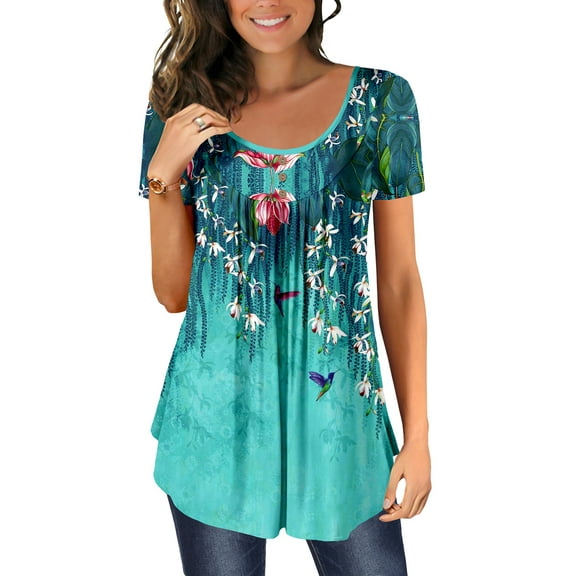 ONLYSHE 2023 O Neck Henley Shirts for Women Short Sleeve Pleated Tunic Tops Causal Button Up Blouse