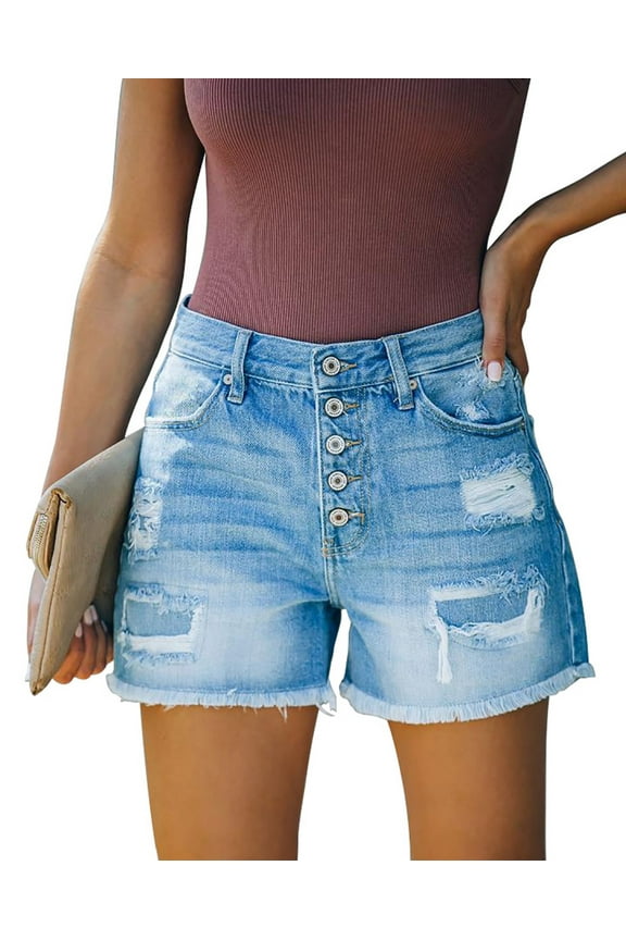 Summer Casual Stretchy Denim Shorts for Women, Mid Waist, Frayed Hem, with Pockets