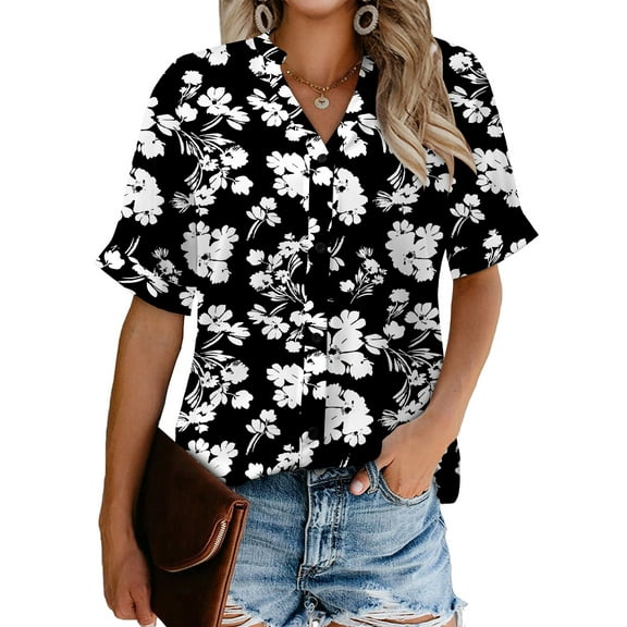ONLYSHE Button Up Shirts for Women Casual Short Sleeve Floral Printed Lapel Neck Blouse Work Office Tee Tops