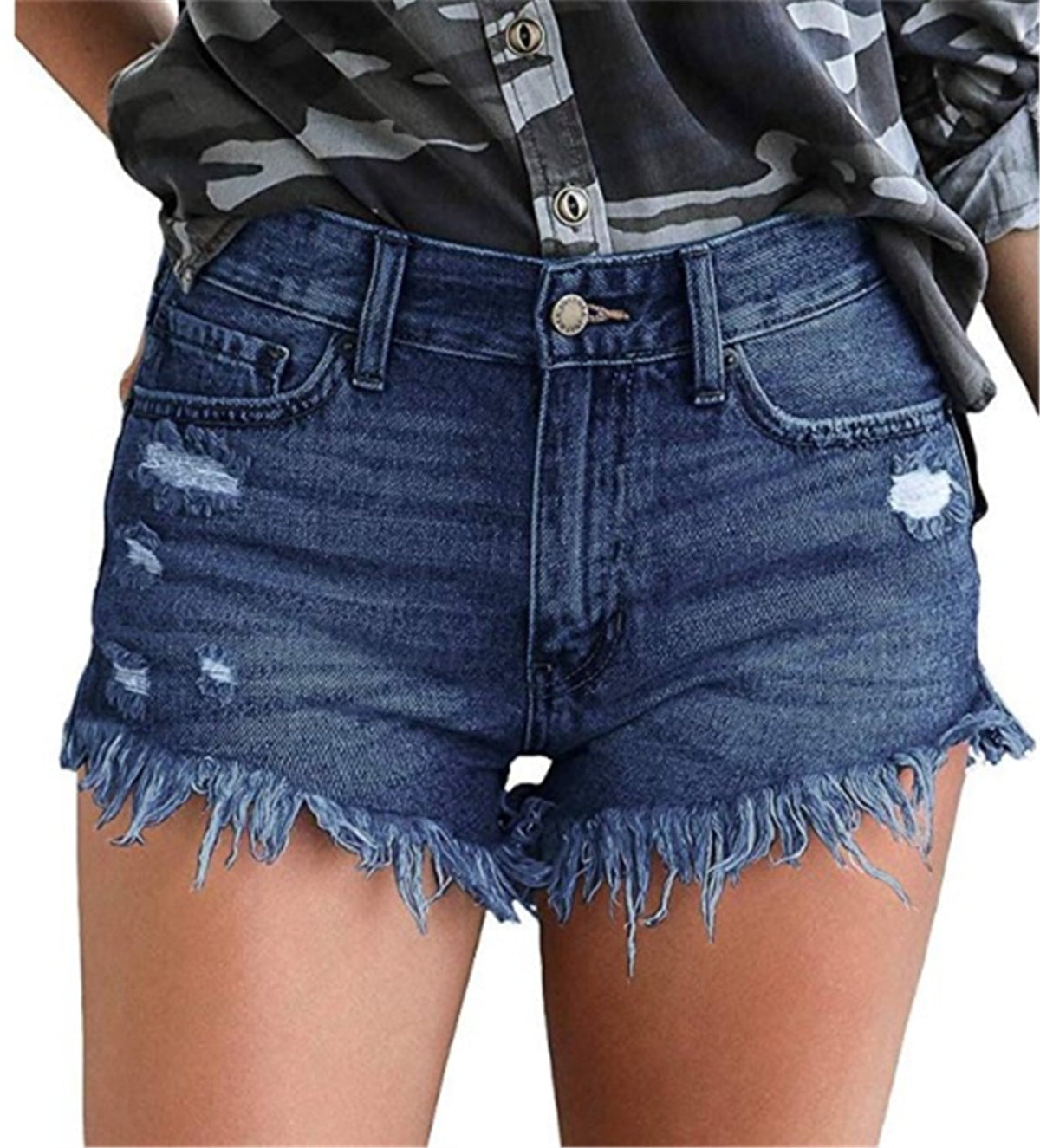 ONLYSHE Dark Blue Jean Shorts for Women Distressed Denim Shorts Zipper High  Waist M