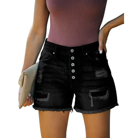 ONLYSHE Women Summer Ripped Juniors Shorts Button High Waisted Stretchy Denim Jean Shorts With Pockets
