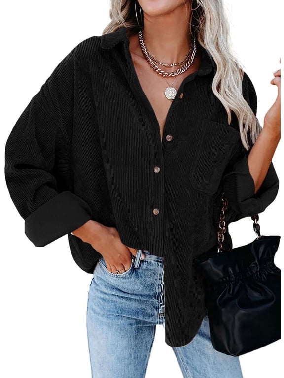 Fall Clothes Women Corduroy Shacket Casual Coats Long Sleeve Jacket Button Down Boyfriend Shirts Jacket With Pockets