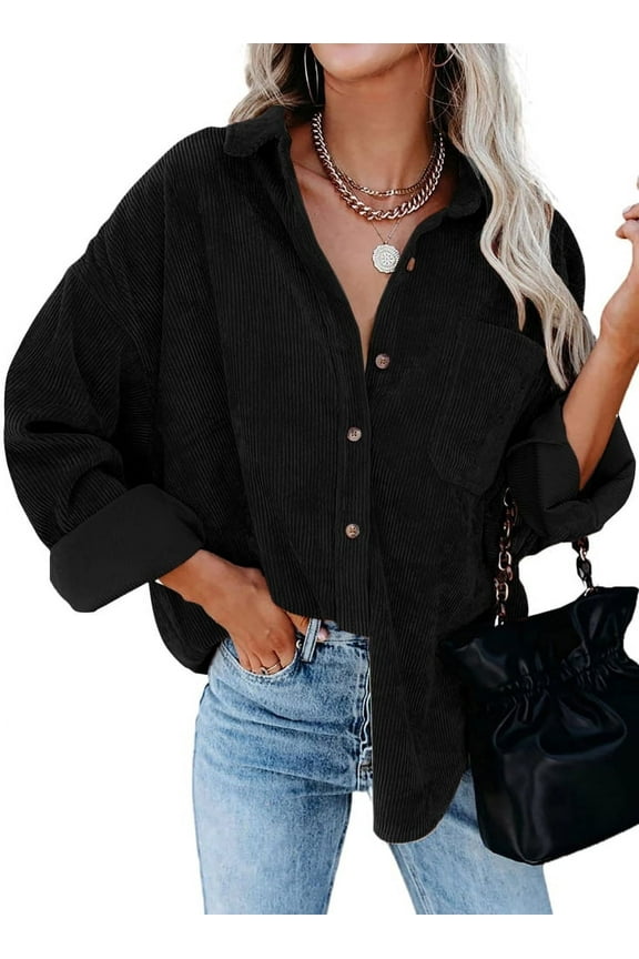 Fall Clothes Women Corduroy Shacket Casual Coats Long Sleeve Jacket Button Down Boyfriend Shirts Jacket With Pockets