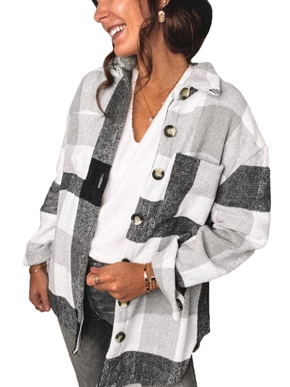 Women Shacket Jacket Blouse with Pockets Flannel Plaid Top Shirt Coat Lapel Long Sleeve Tartan Outerwear