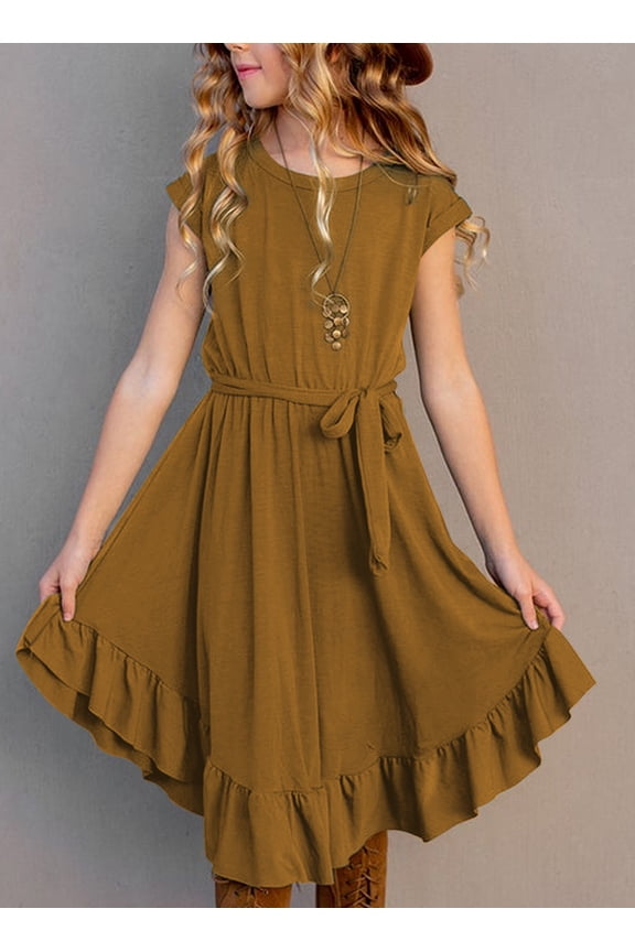 Girl's Solid Comfy Dresses Short Sleeve Round Neck Casual Summer Flared A Line Midi Dress 5-14 Years