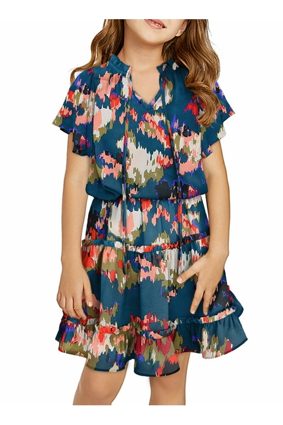 Girls Summer Short Sleeve Midi Dress Flower Printed V Neck Ruffle Casual Dresses 5-13 Years