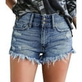 thumbnail image 1 of ONLYSHE High Waist Women Cuff Raw Hem Distressed Denim Shorts for Summer Blue L, 1 of 7