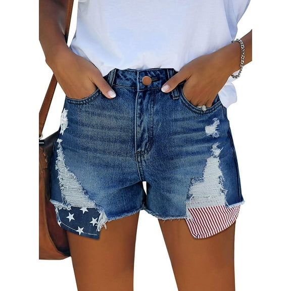 ONLYSHE High Waisted Frayed Ripped Stretchy Denim Shorts with Raw Hem - Blue, Women's