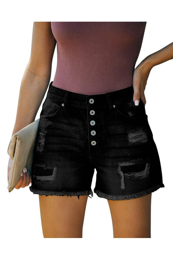 Women Summer Ripped Juniors Shorts Button High Waisted Stretchy Denim Jean Shorts With Pockets