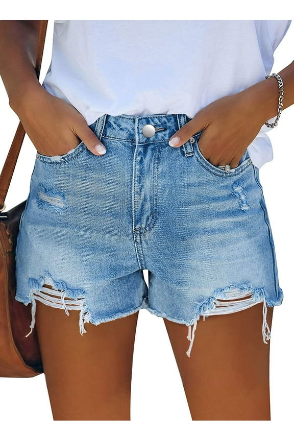 Jean Shorts Womens Mid Rise Casual Ripped Distressed Stretchy Denim Shorts Ripped Hem Short Hot Pants