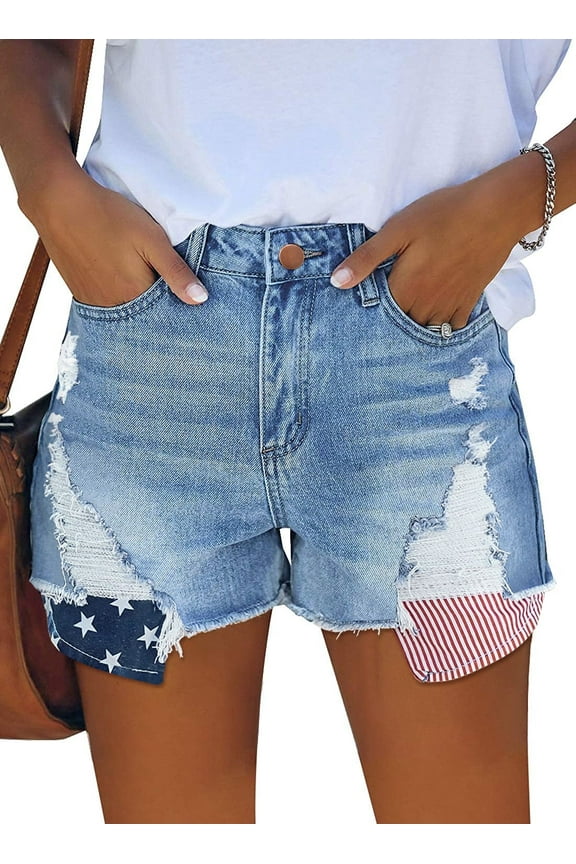 Women's Casual Distressed Jean Shorts, Mid Rise, Folded Cuffs, Stretchy, White