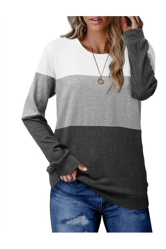 Long Sleeve Tunic Tops Casual Sweatshirts for Women Crewneck Color Block Pullover T Shirts Lounge Wear