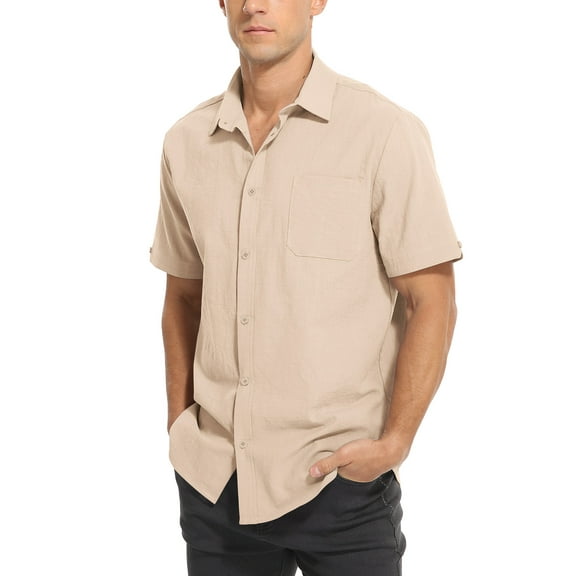 ONLYSHE Men's Short Sleeve Woven Dress Shirt Linen Cotton Cuban Shirt Button Down Beach Shirt Sizes L-3XL