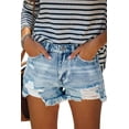 thumbnail image 1 of ONLYSHE High Waisted Stretchy Casual Denim Shorts with Frayed Hem and Pockets, Blue, M, 1 of 6