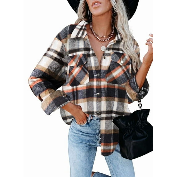 ONLYSHE Women Shacket Jacket Blouse with Pockets Flannel Plaid Top Shirt Coat Lapel Long Sleeve Tartan Outerwear