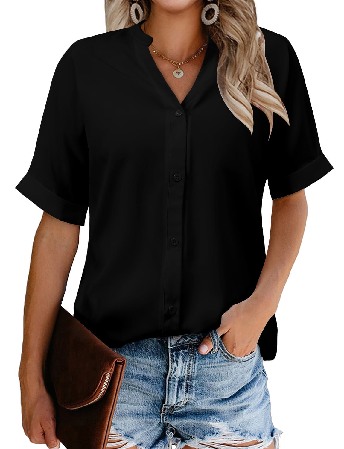 ONLYSHE Summer Button Up Shirts for Women Casual Short Sleeve Plain