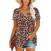 ONLYSHE Summer Short Sleeve Tops for Women Dressy Casual Tunic V Neck Cute Floral T Shirts Blouse