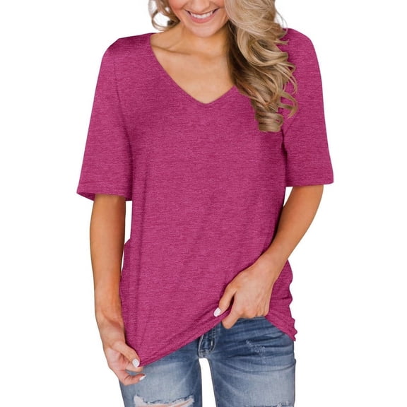 ONLYSHE Summer Short Sleeve Tops for Womens Casual Tunic V Neck Plain T Shirts Purple Women Tops