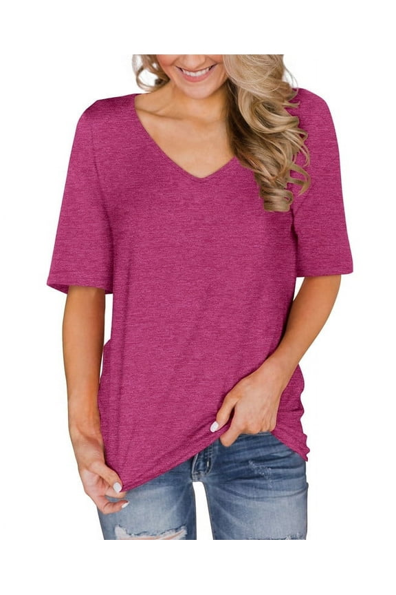 Summer Short Sleeve Tops for Womens Casual Tunic V Neck Plain T Shirts Purple Women Tops