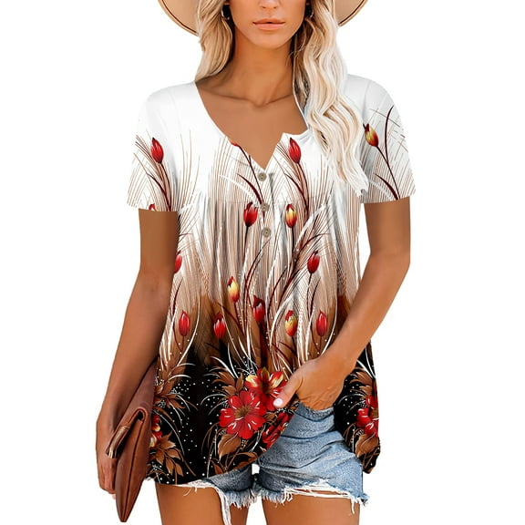 ONLYSHE V-Neck Women T Shirts Short Sleeve Loose Summer Tunic Tops Dressy Casual Printed Henley Shirt