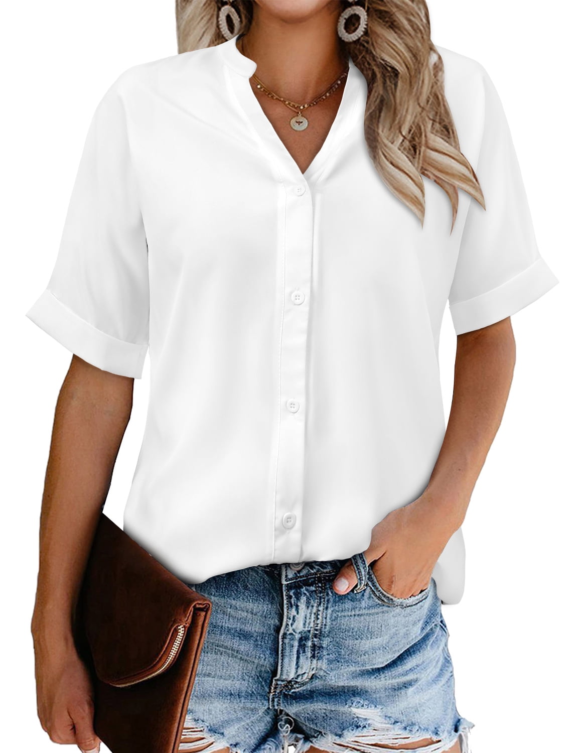 ONLYSHE Summer Button Down Shirt For Women Casual Loose Tops Blouse