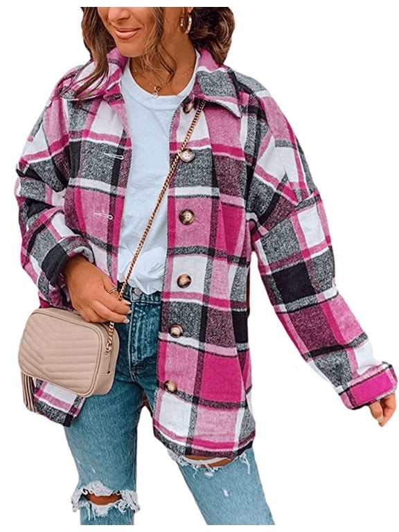 Women Shacket Jacket Blouse with Pockets Flannel Plaid Top Shirt Coat Lapel Long Sleeve Tartan Outerwear