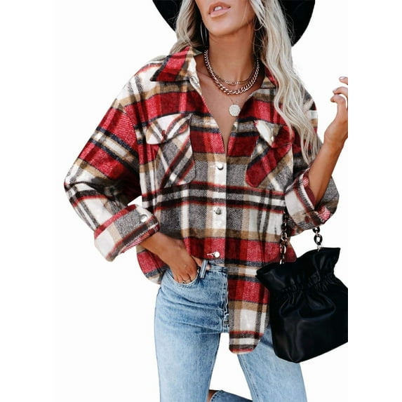 ONLYSHE Women Shacket Jacket Blouse with Pockets Flannel Plaid Top Shirt Coat Lapel Long Sleeve Tartan Outerwear