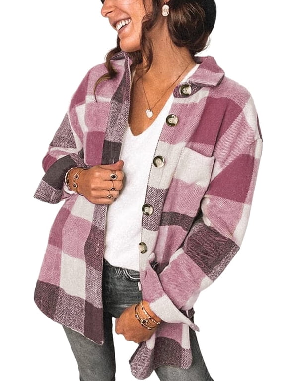 Women Shacket Jacket Blouse with Pockets Flannel Plaid Top Shirt Coat Lapel Long Sleeve Tartan Outerwear