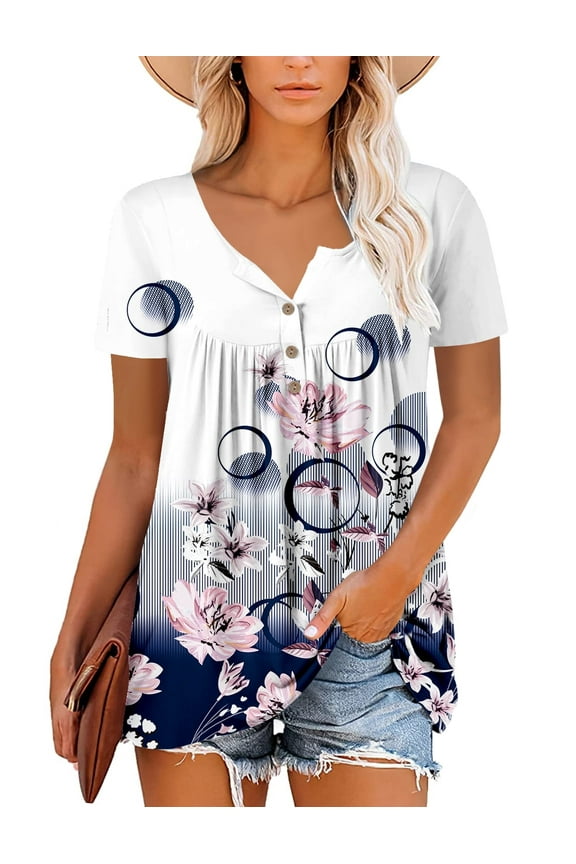 Women Short Sleeve T Shirts V Neck Summer Boho Top Blouse Flowy Pleated Shirts Blouse