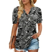ONLYSHE Women Summer Basic Floral T Shirts Puffed Short Sleeve Tunic Tops Ladies Buttons Blouses