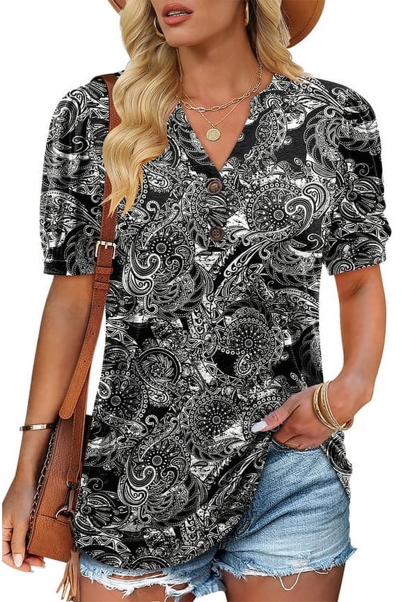 Women Summer Basic Floral T Shirts Puffed Short Sleeve Tunic Tops Ladies Buttons Blouses