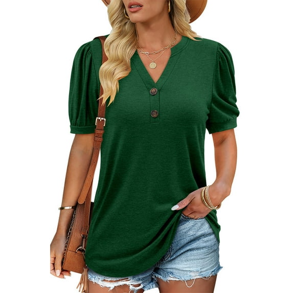 ONLYSHE Women V Neck Short Sleeve T-Shirts Summer Casual Loose Fit Basic Puffed Blouse Tunic Tops