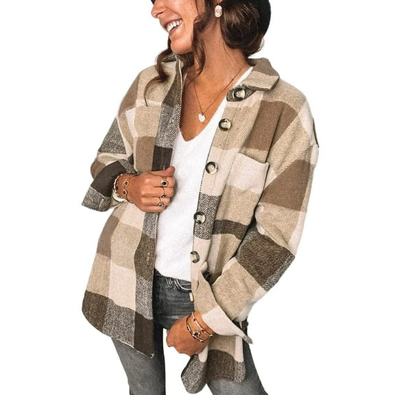 ONLYSHE Women Shacket Jacket Blouse with Pockets Flannel Plaid Top Shirt Coat Lapel Long Sleeve Tartan Outerwear