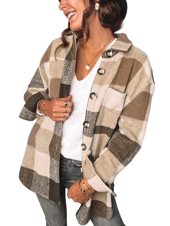 Women Shacket Jacket Blouse with Pockets Flannel Plaid Top Shirt Coat Lapel Long Sleeve Tartan Outerwear