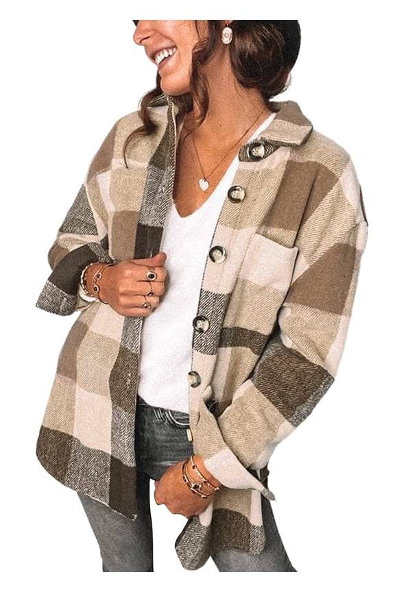 Women Shacket Jacket Blouse with Pockets Flannel Plaid Top Shirt Coat Lapel Long Sleeve Tartan Outerwear