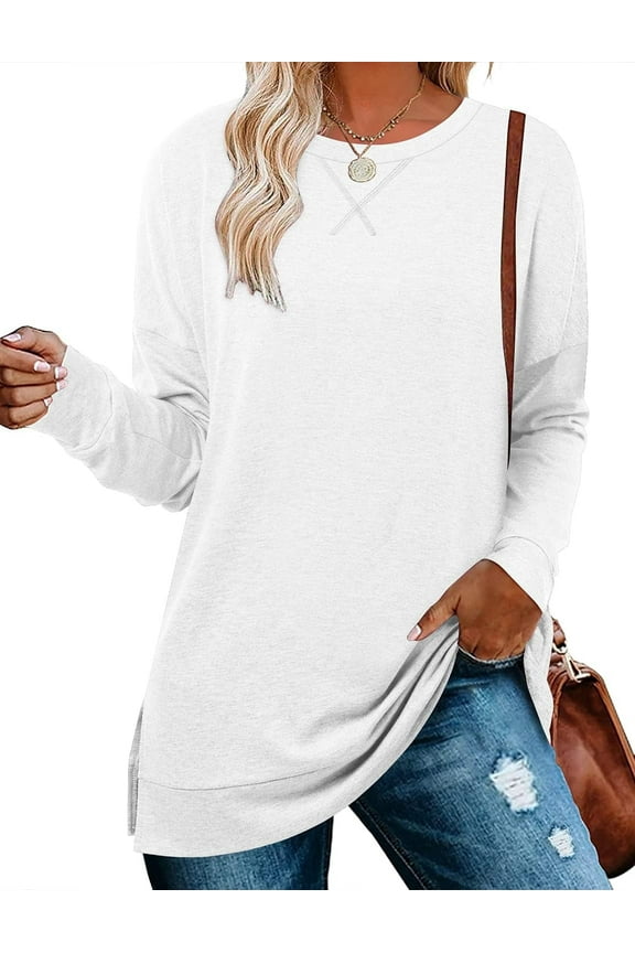 Women's Casual Drop Long Sleeve Tunic Sweatshirt with Side Slits, S-3XL