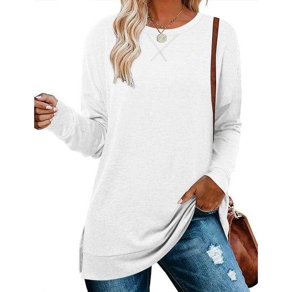 ONLYSHE Women's Casual Drop Long Sleeve Tunic Sweatshirt with Side Slits, S-3XL