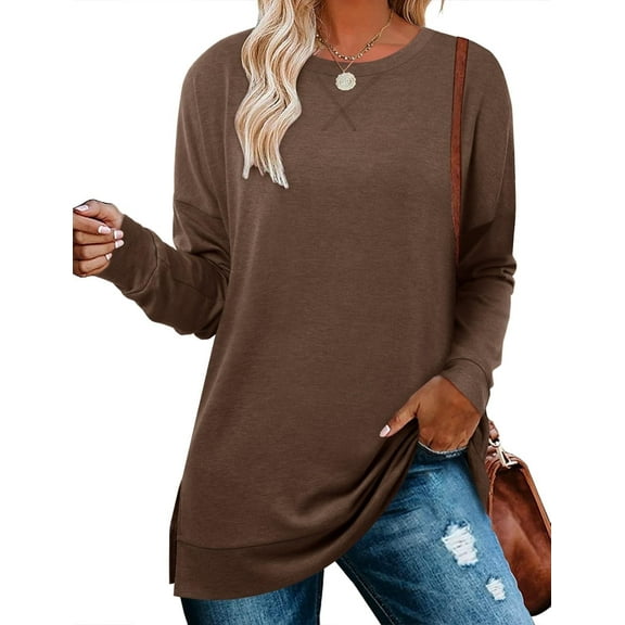 ONLYSHE Women's Drop Long Sleeve Sweatshirts Casual Crewneck Tunic Tops Sweartshirts With Side Slits S-3XL