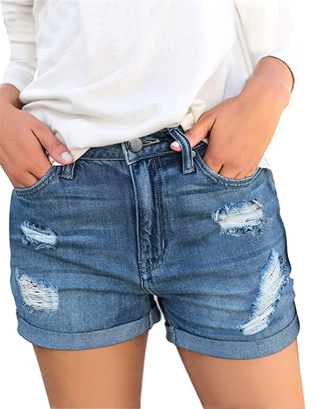ONLYSHE High Waisted Women's Distressed Denim Shorts, Frayed Hem Light ...